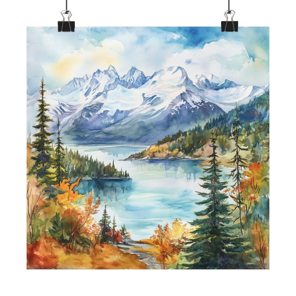 Alaska Autumn Mountain Lake Glaciers Watercolor Landscape Poster