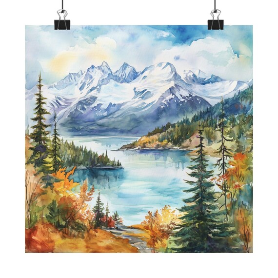Alaska Autumn Mountain Lake Glaciers Watercolor Landscape Poster