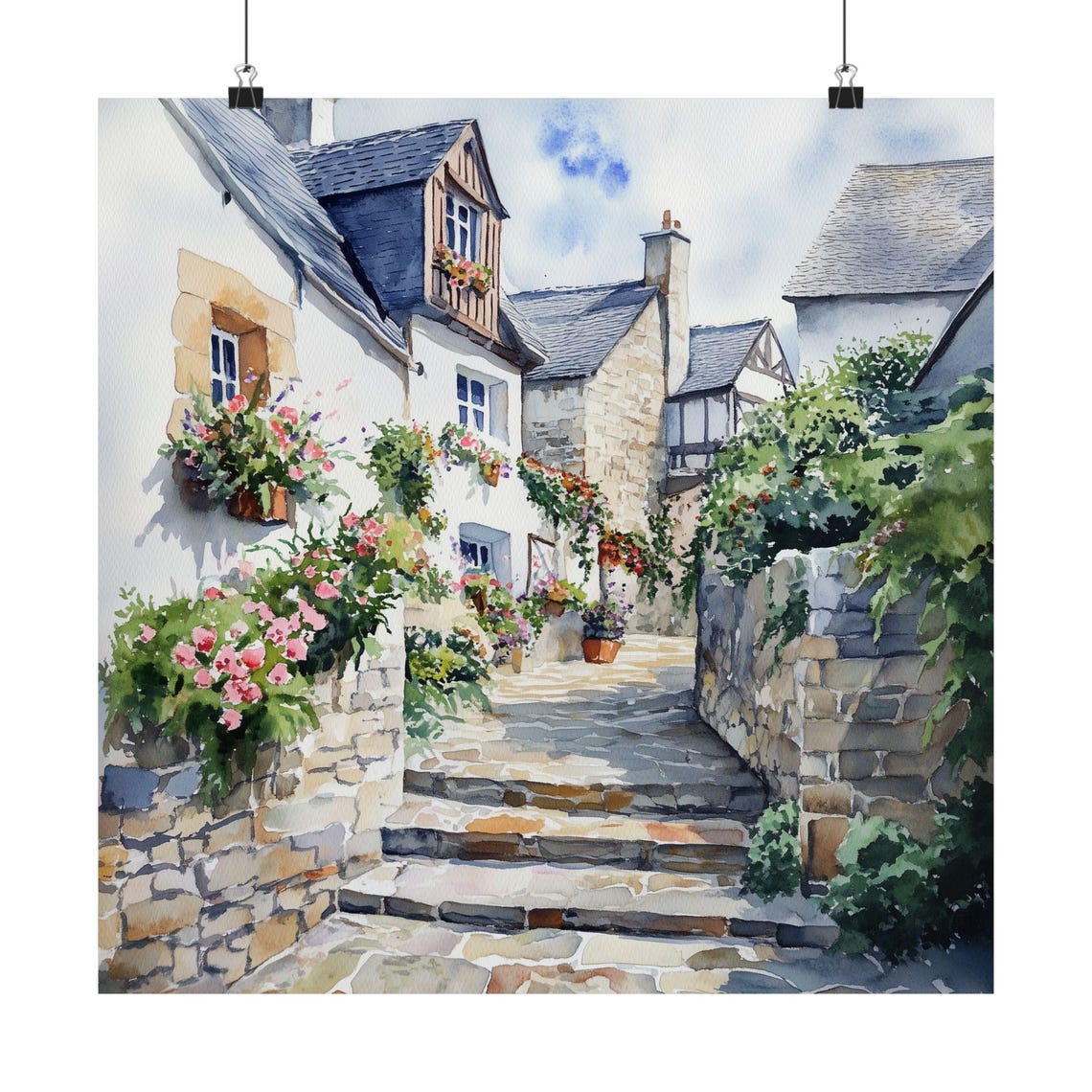 Brittany France Art French Wall Streetscape Print European Watercolor Painting Travel Gift Europe Poster Cobblestone