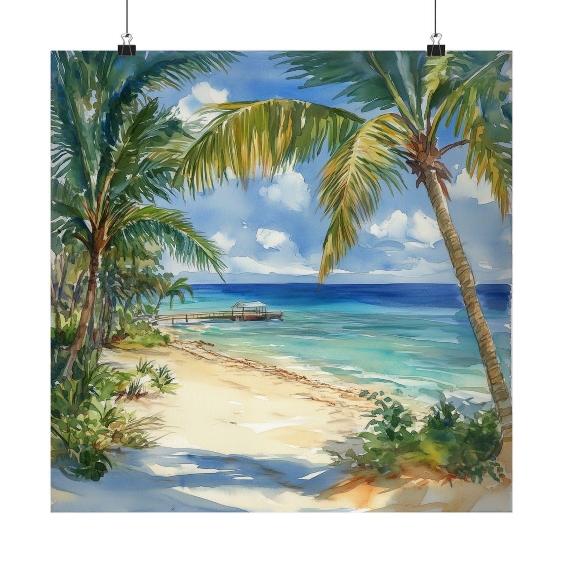 Tropical Palm Beach Watercolor Caribbean Island Pier Decor Poster