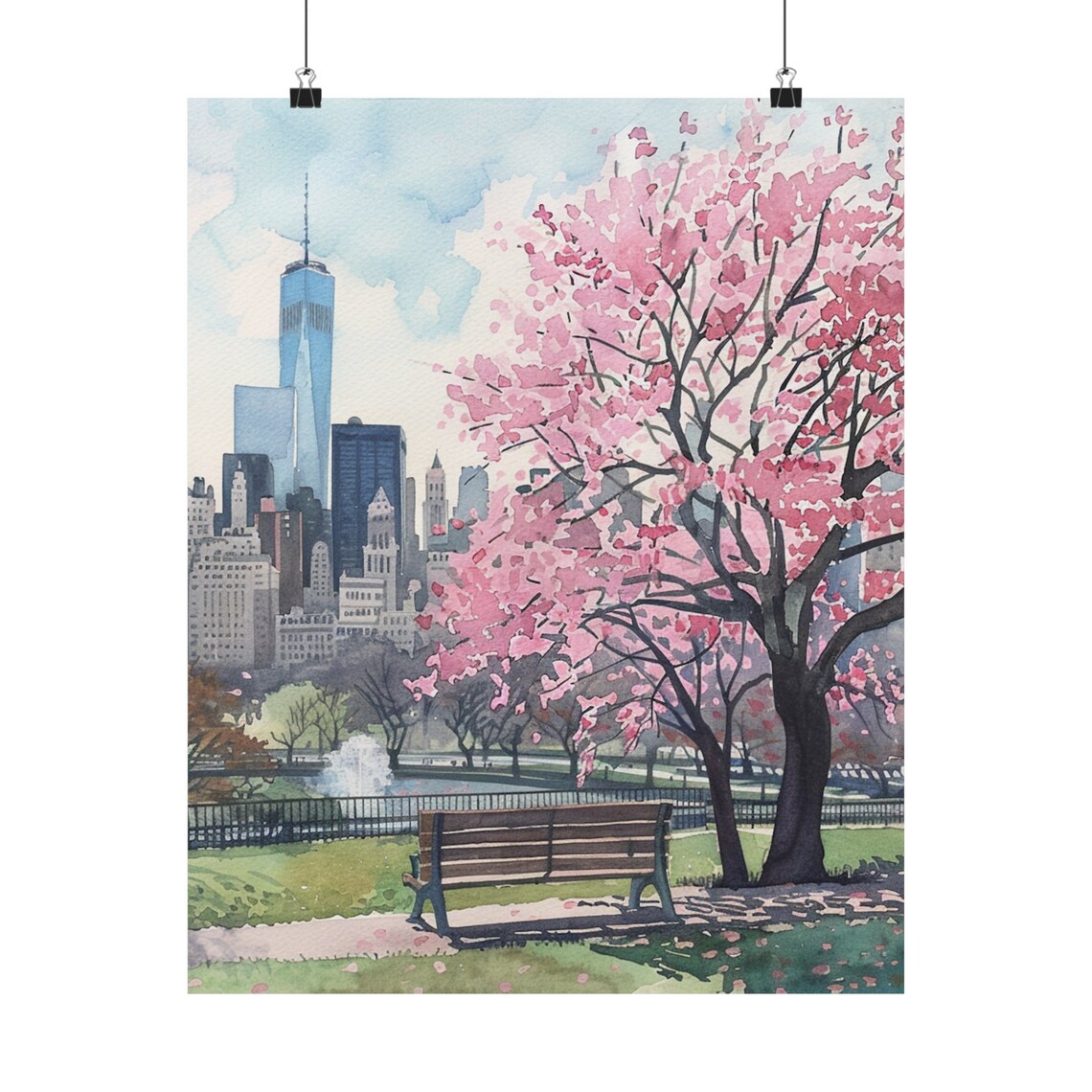New York Cherry Blossoms and One World Trade Center Watercolor Travel Poster
