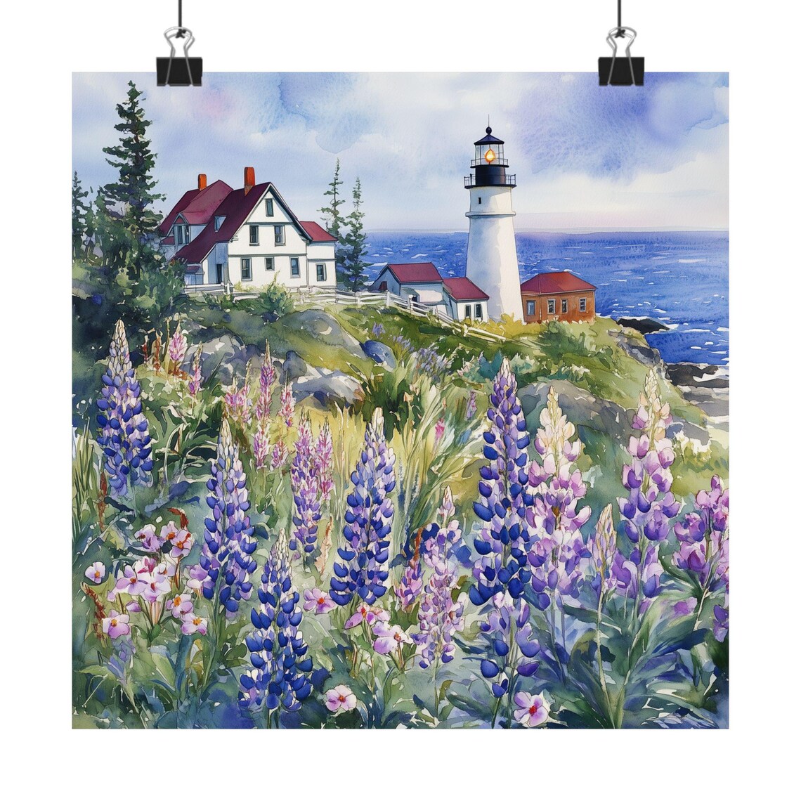 Maine Lighthouse and Lupine Flowers Watercolor Print