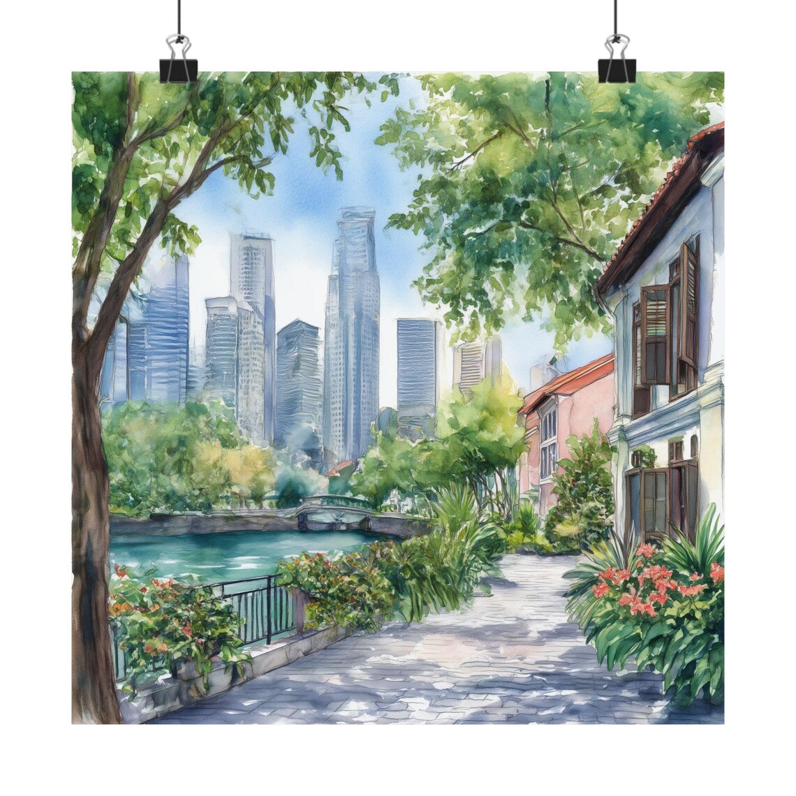 Singapore Cityscape Watercolor Travel Poster, Southeast Asia