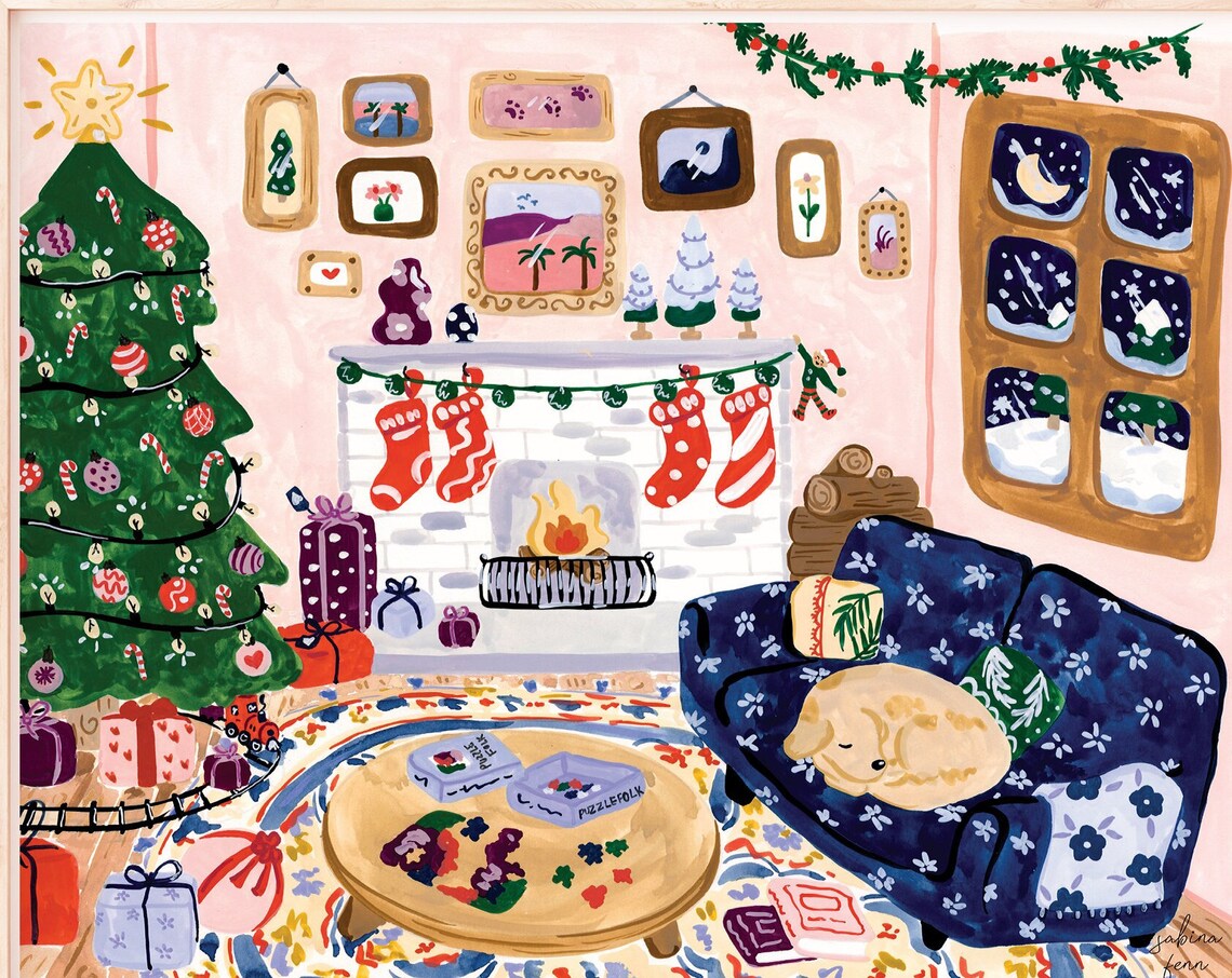 Christmas Living Room Art Print, Mantel Decor