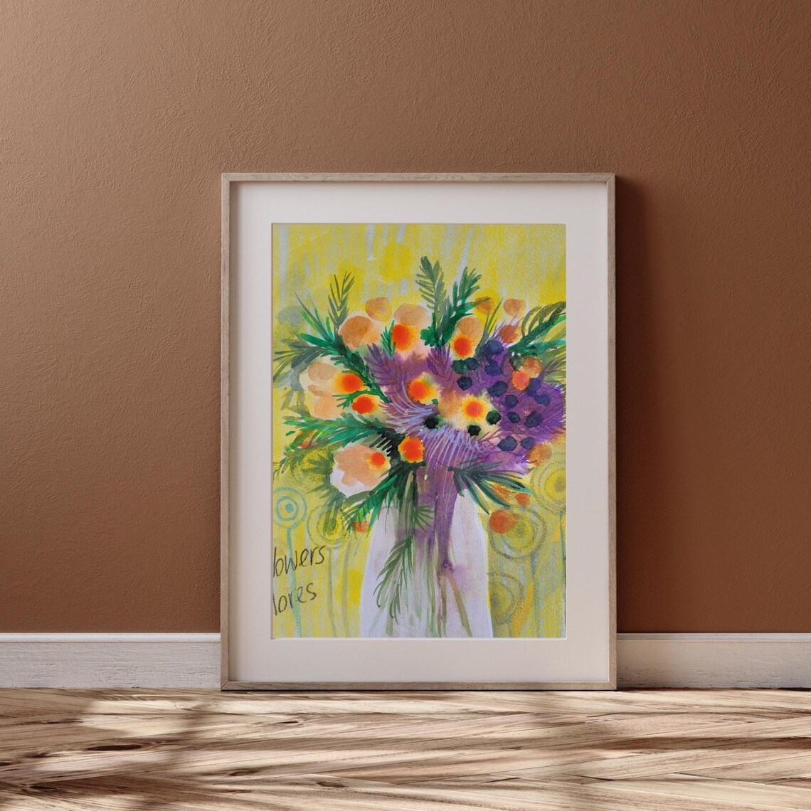 Sunshine Yellow Bouquet Purple Flowers Floral Watercolor Poster - Image 3