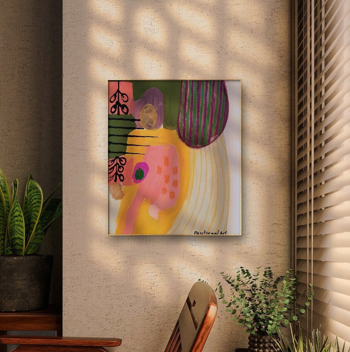 Whimsical Pink and Green Organic Abstract Shapes Modern Art Poster - Image 2
