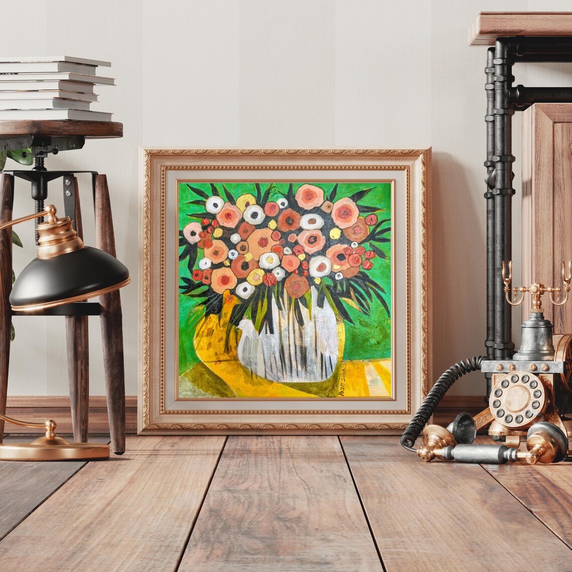 Cheerful Flower Bouquet in Striped Vase Naive Folk Style Art Poster - Image 3