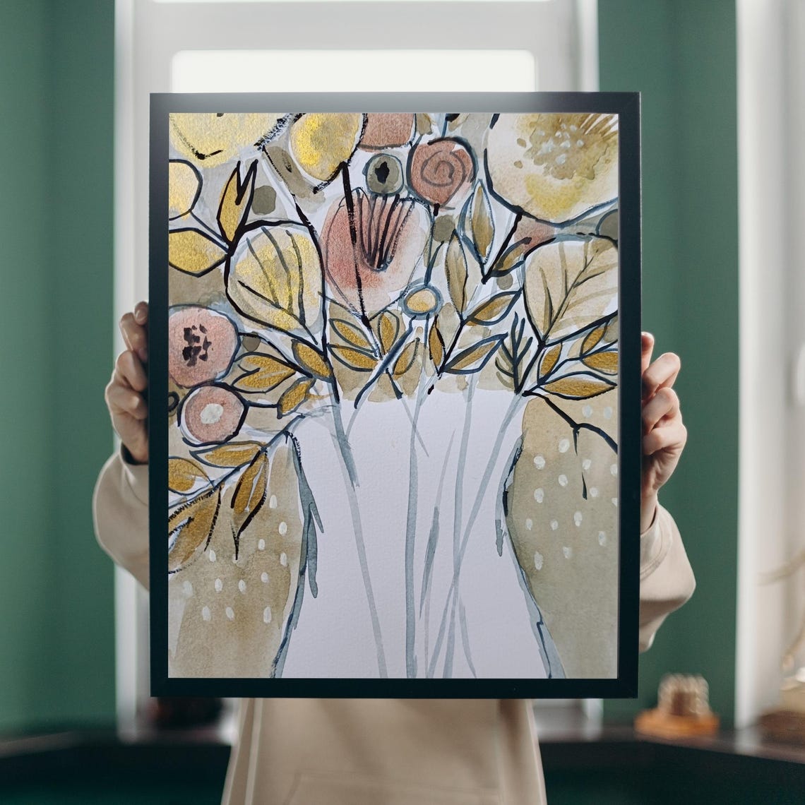 Soft Gold and Rose Botanicals in White Vase Serene Watercolor Poster - Image 3