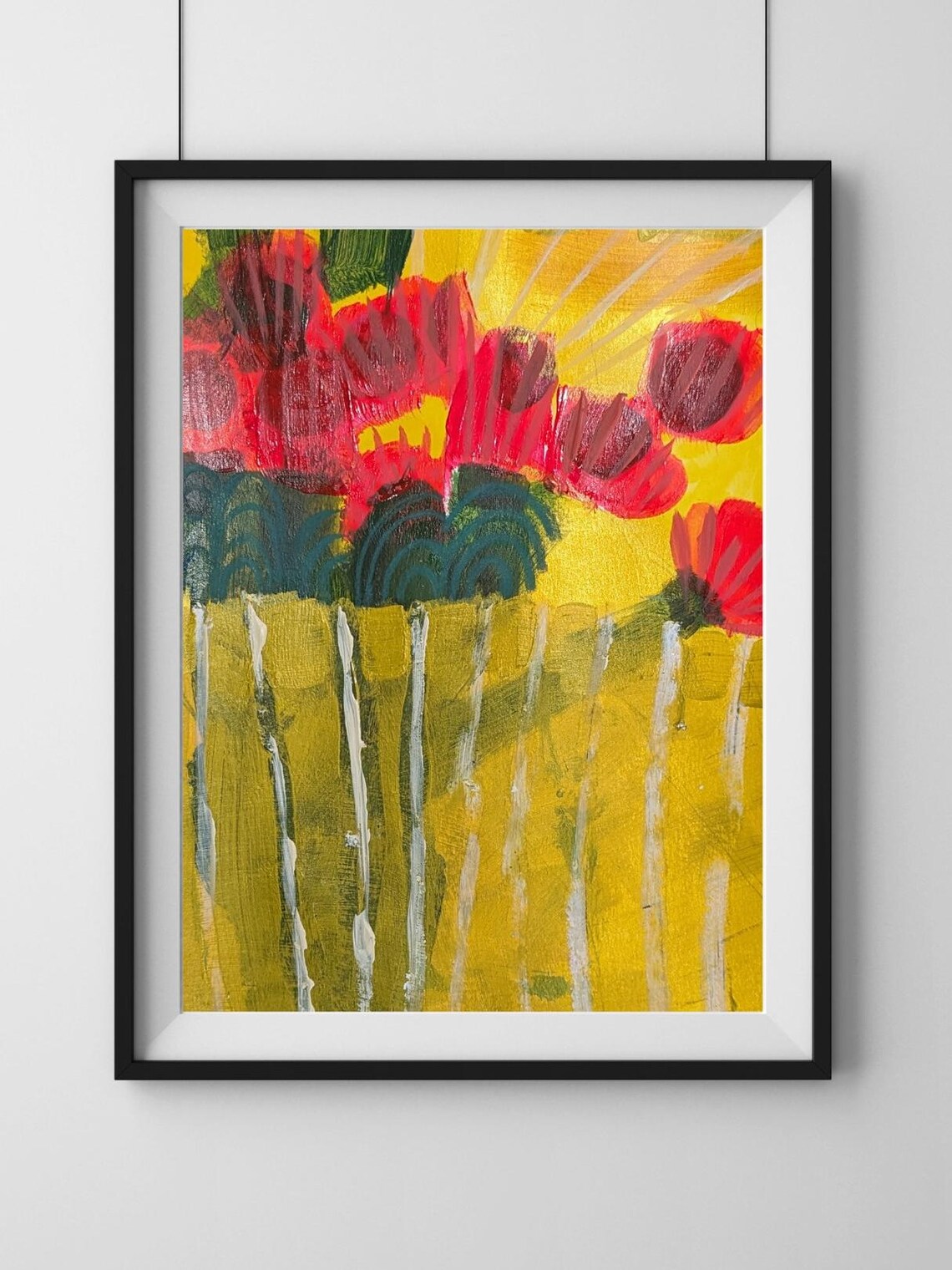 Fiery Red Blooms on Glowing Mustard Yellow Abstract Floral Art Poster