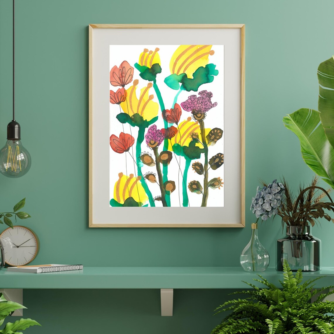 Whimsical Yellow and Coral Wildflowers Slender Stems Watercolor Poster - Image 2