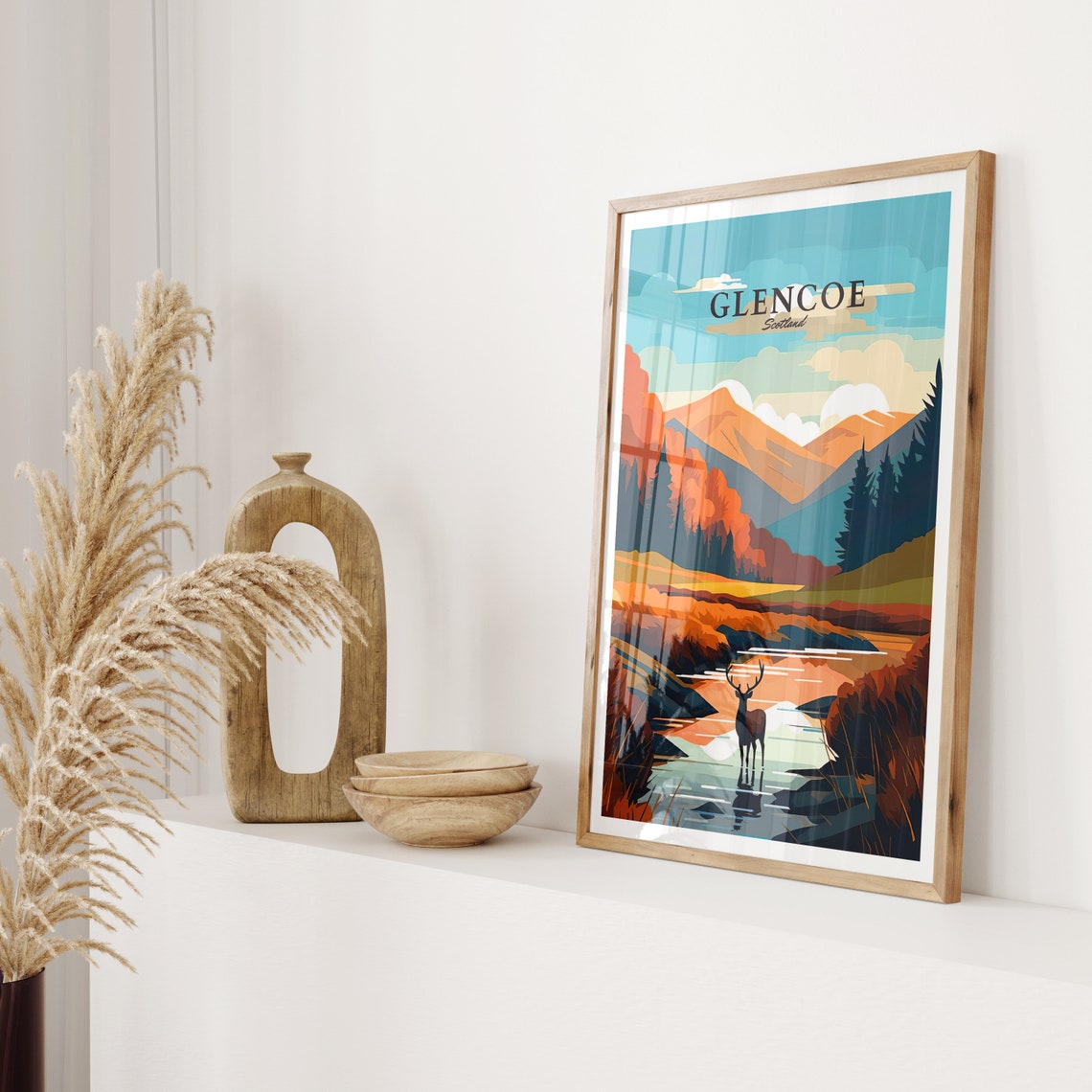 Glencoe Scotland Stag Stream Autumn Highland Scene Travel Poster - Image 2