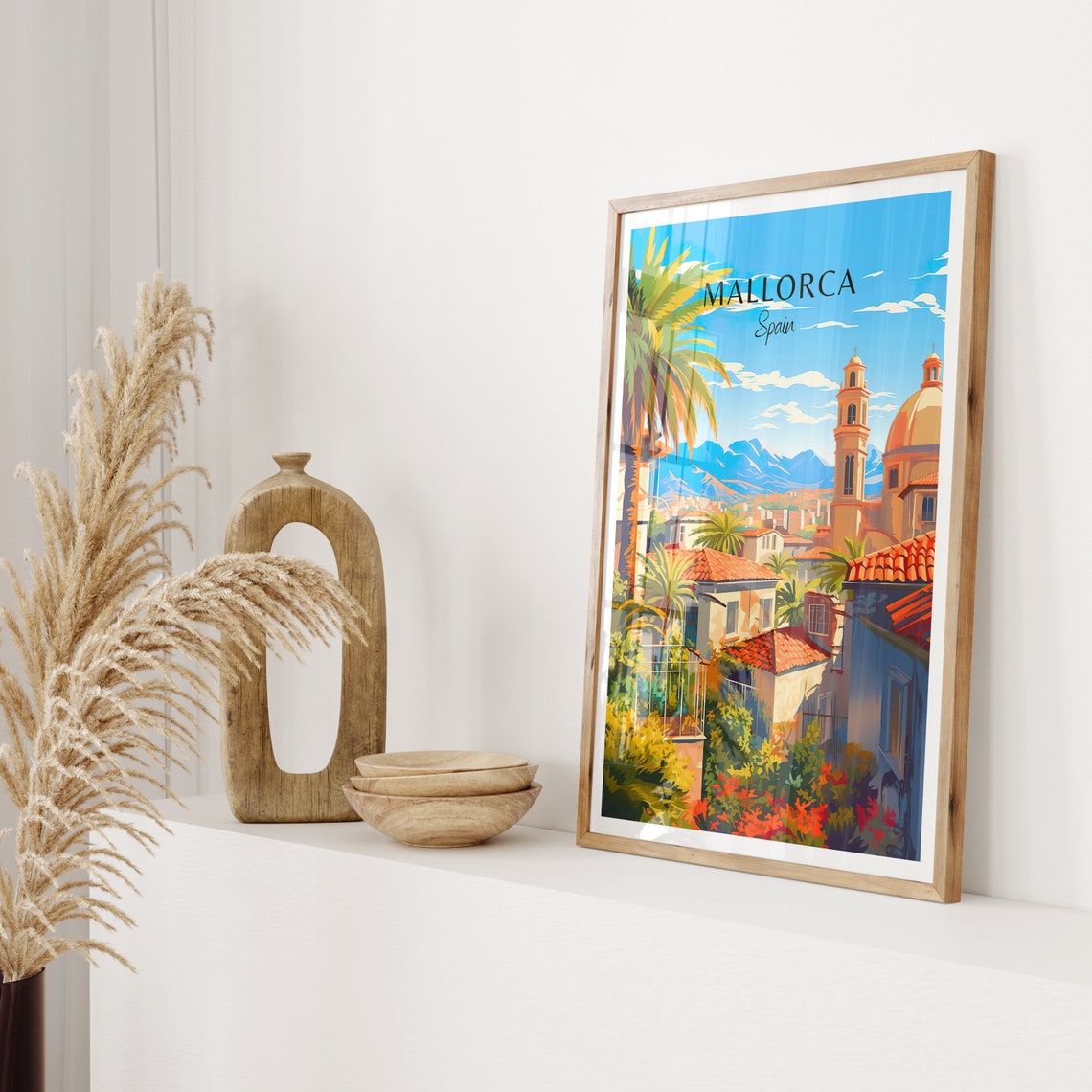 Mallorca Spain Palm Church Domes Mountain Town Sunny Island Poster - Image 2