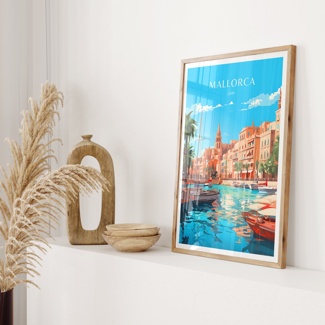 Old Mallorca Spain Harbor Boats Cathedral Vintage Travel Poster - Image 2