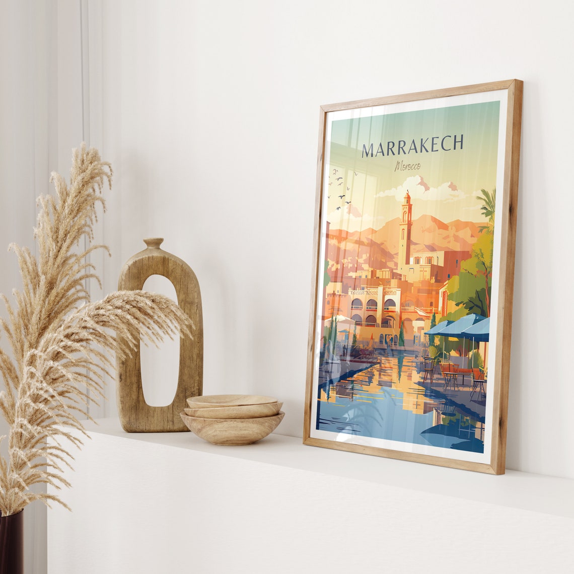 Historic Golden Marrakech Old Town Reflected in Water Poster - Image 2