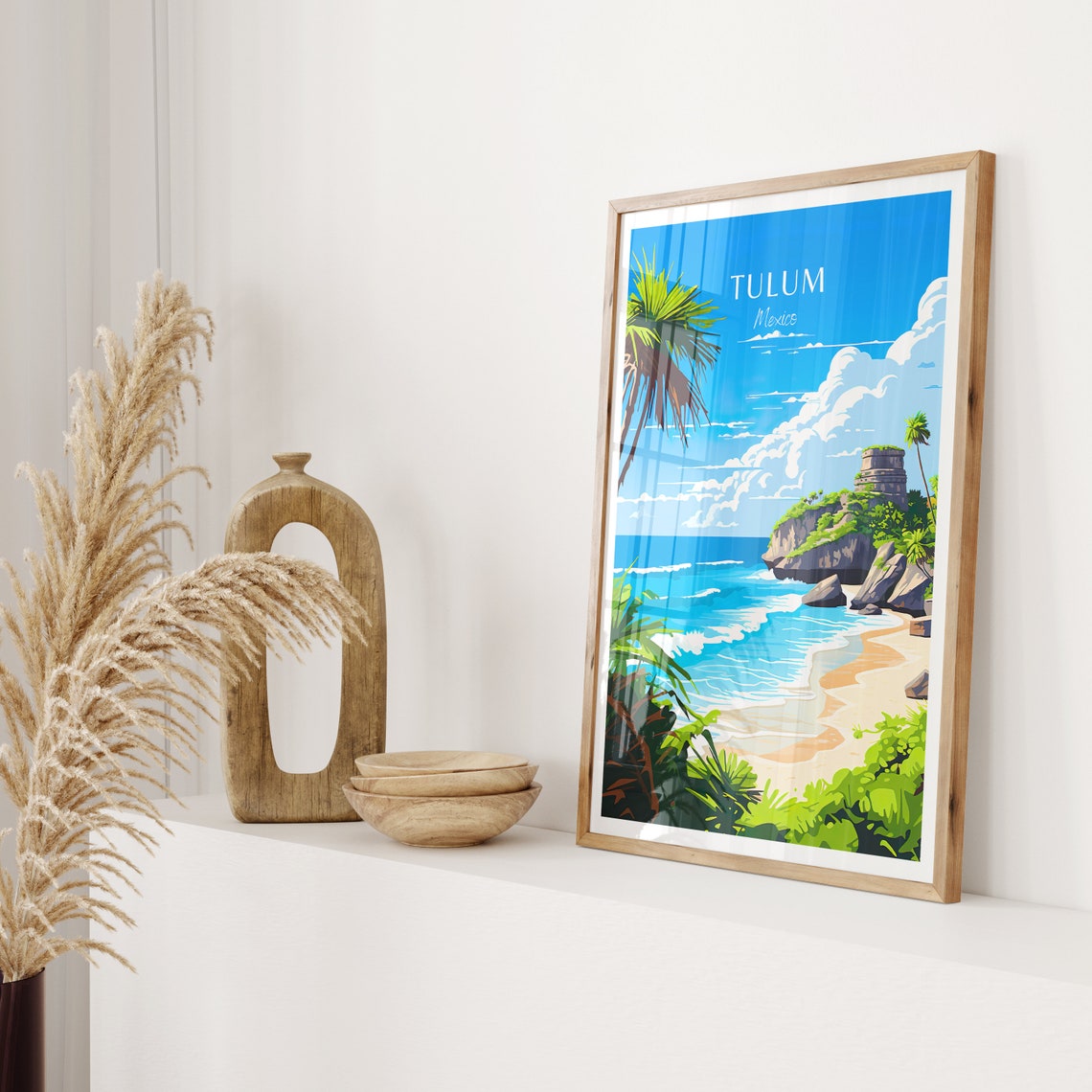 Tulum Mexico Cliff Ruins Caribbean Beach Illustrated Travel Poster - Image 2