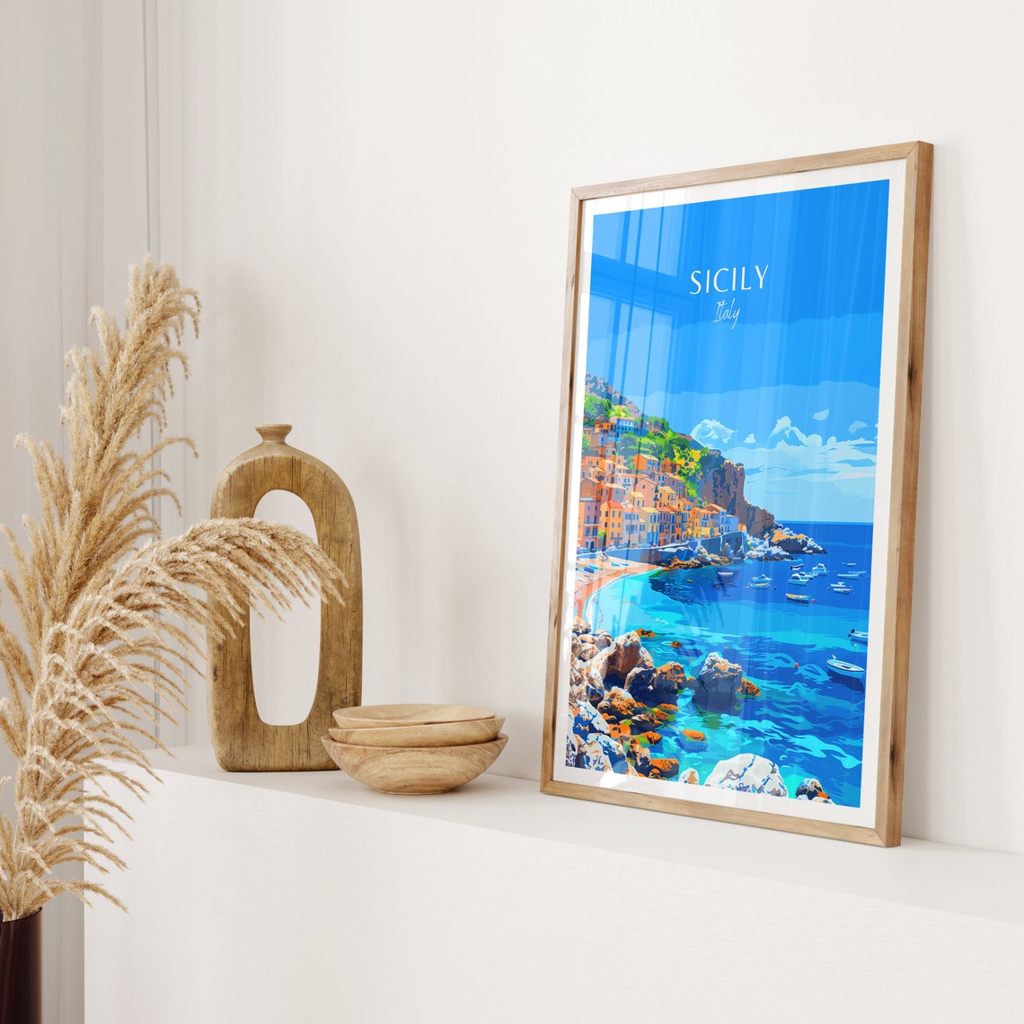 Sicily Italy Colorful Cliffside Coastal Town Fishing Boats Poster - Image 2