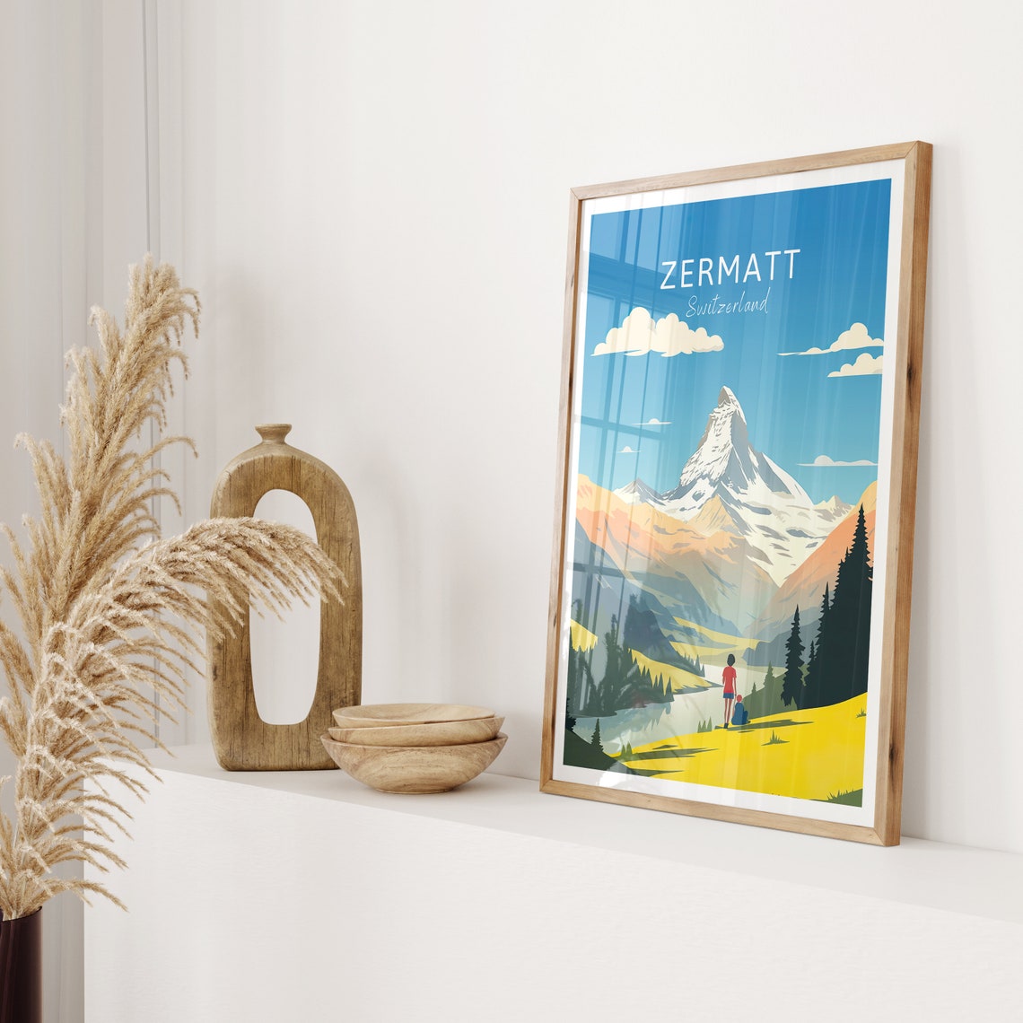 Zermatt Switzerland Poster Matterhorn Peak Alpine Hikers Mountain Art - Image 2