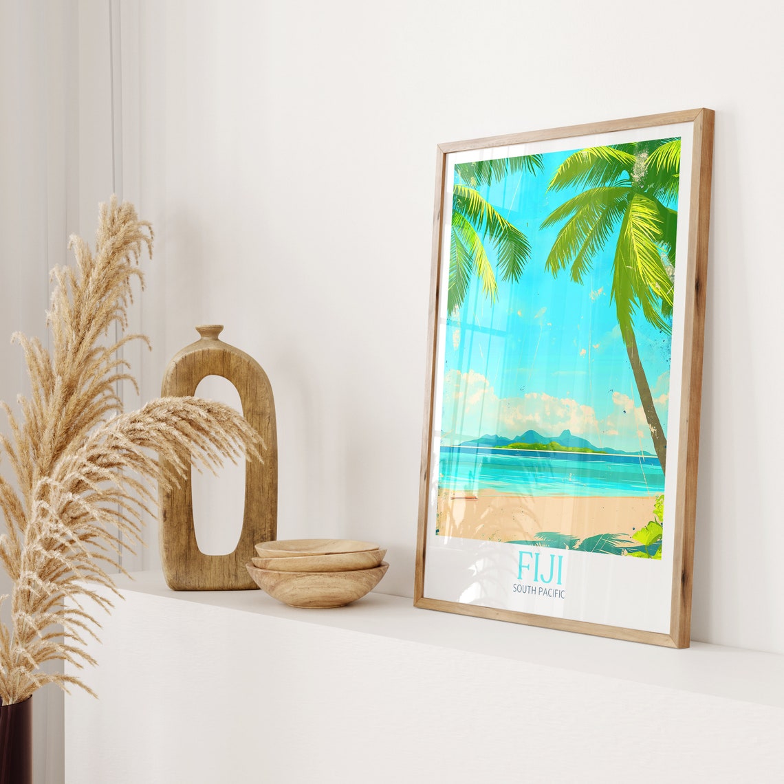 Fiji South Pacific Island Beach Palm Trees Vintage Style Travel Poster - Image 2