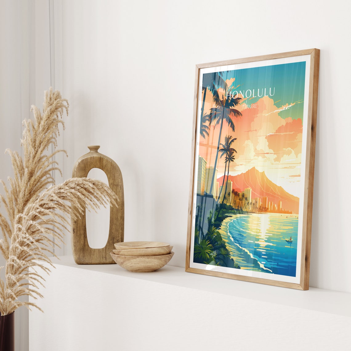 Honolulu Hawaii Waikiki Beach Skyline Diamond Head Sunset Poster - Image 2