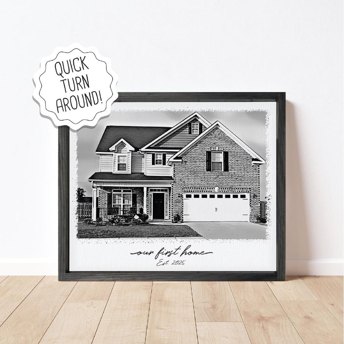 Custom Black And White Pencil Sketch House Portrait First Home Poster