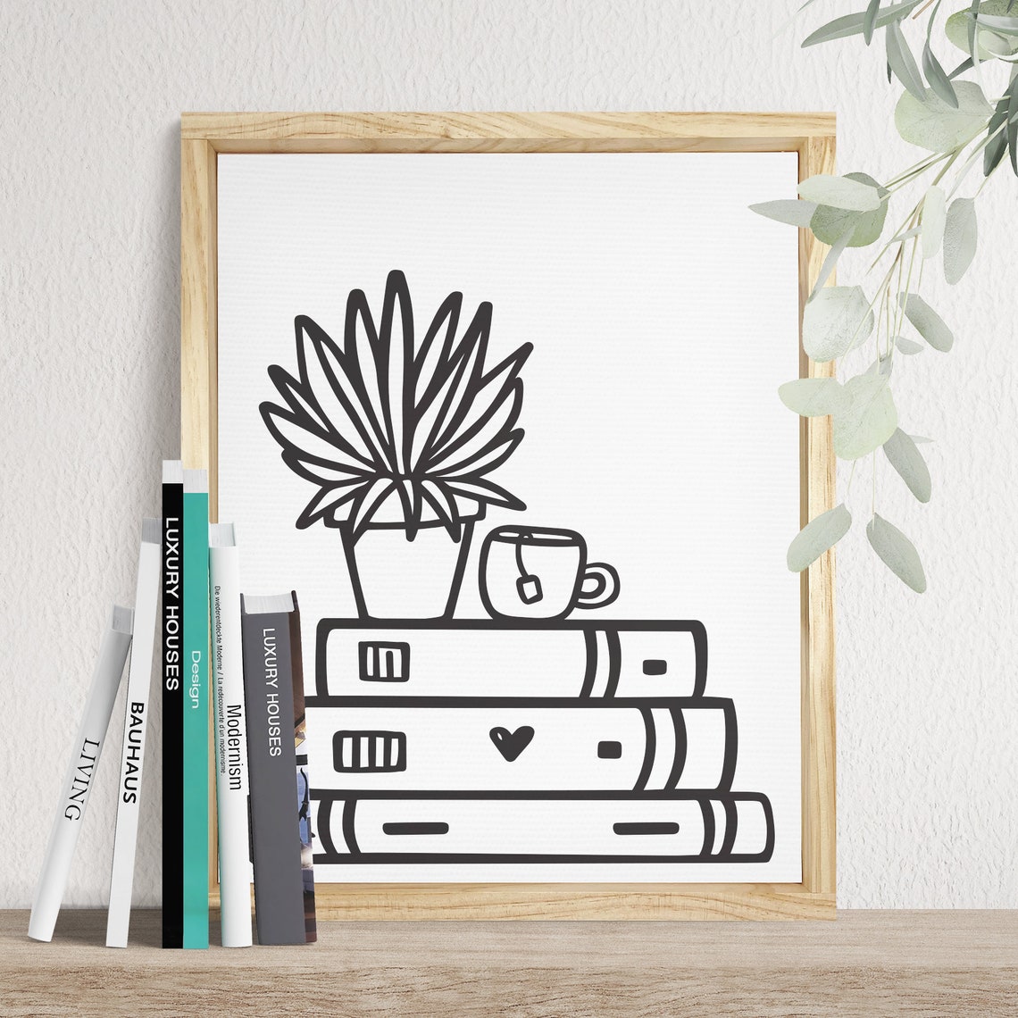 Books Tea and Plants Line Illustration Cozy Reading Nook Poster