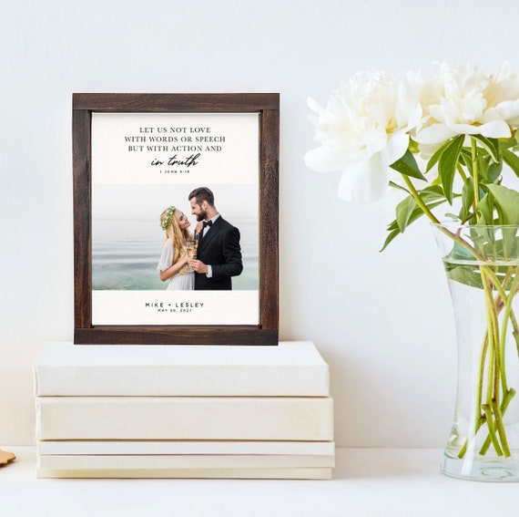 Wedding Photo With Custom Bible Verse Wood Framed Wall Decor Background Color Stain Options Bedroom Decor
