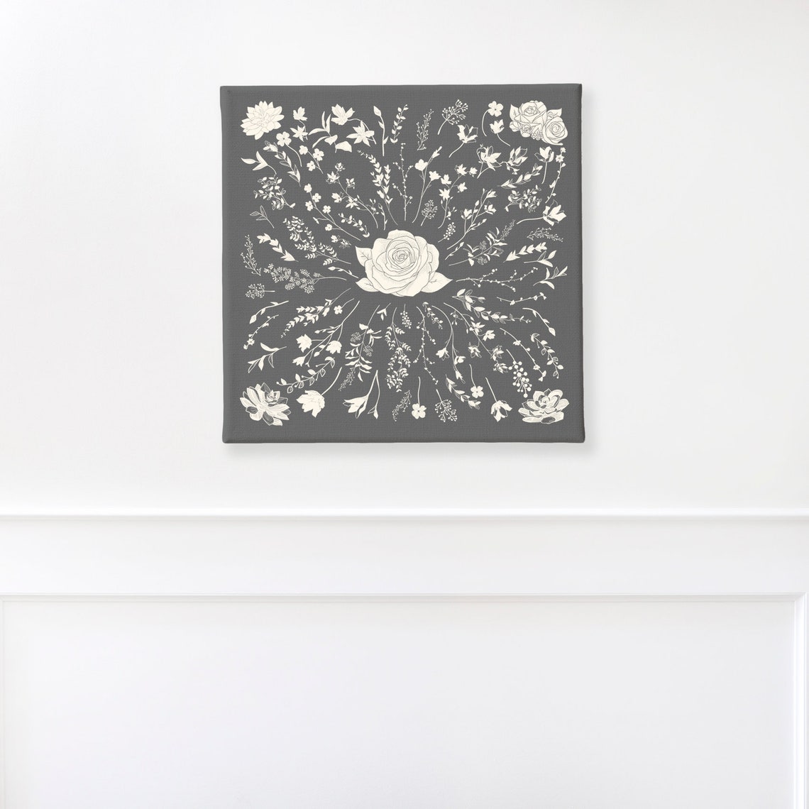 Black And White Botanical Floral Rose Square Farmhouse Wall Art - Image 3