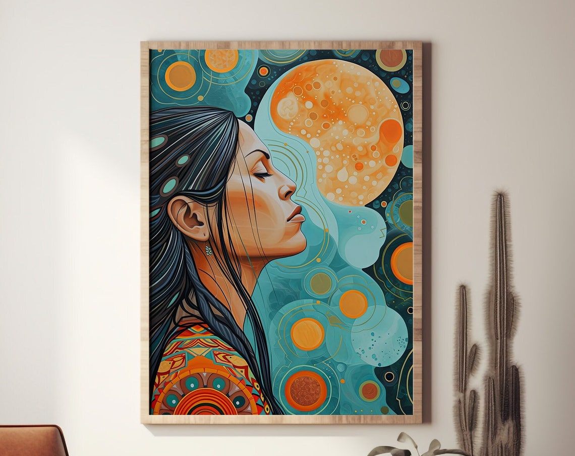 Indigenous Woman Night Sky Portrait Dreamy Home Decor