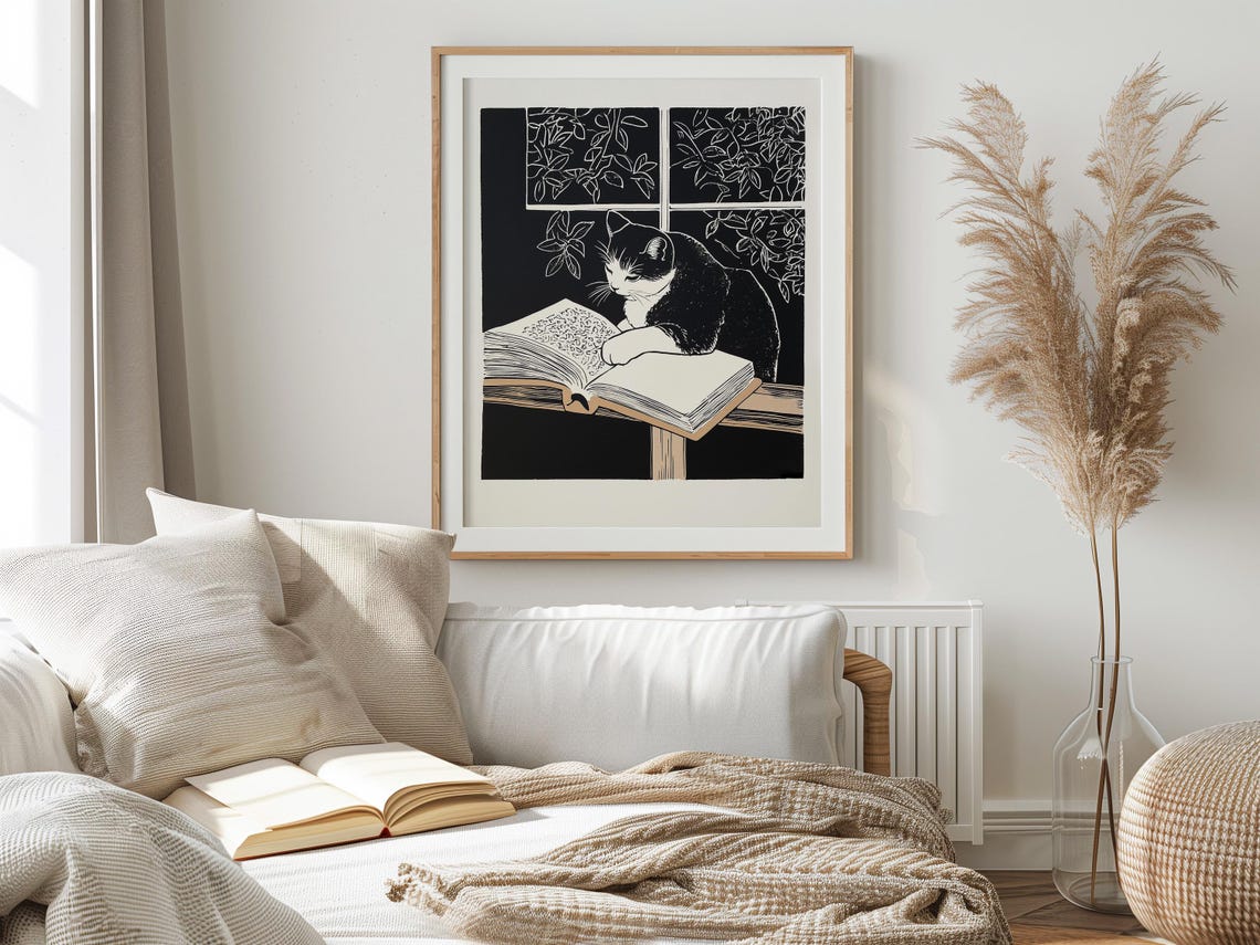 Tuxedo Cat Reading by Window Black White Linocut Book Lover Poster