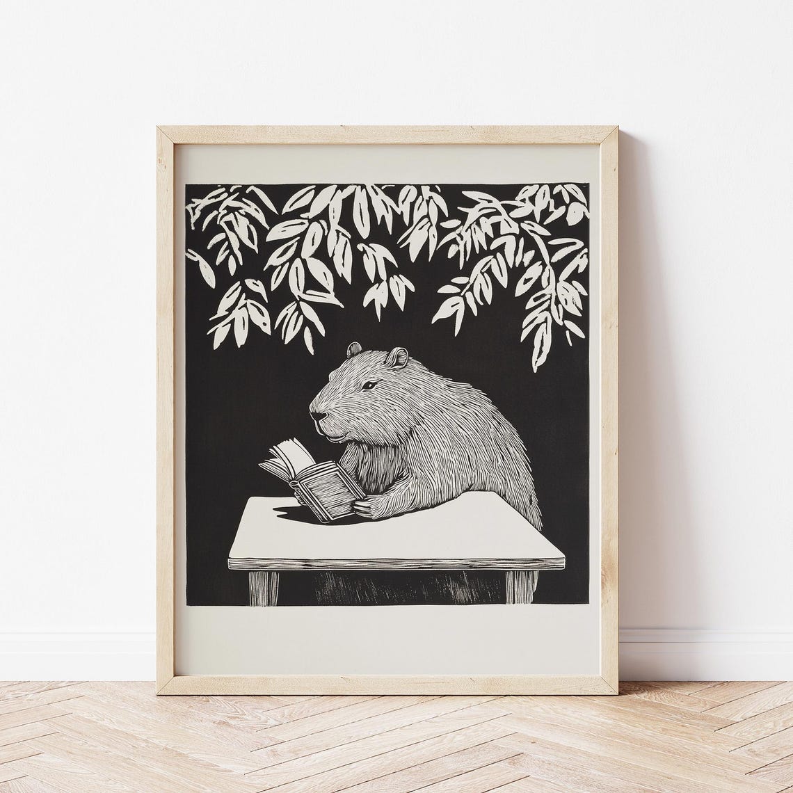Capybara Reading Book Linocut Black White Botanical Bookish Poster