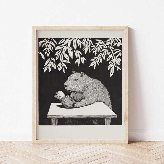 Capybara Reading Book Linocut Black White Botanical Bookish Poster