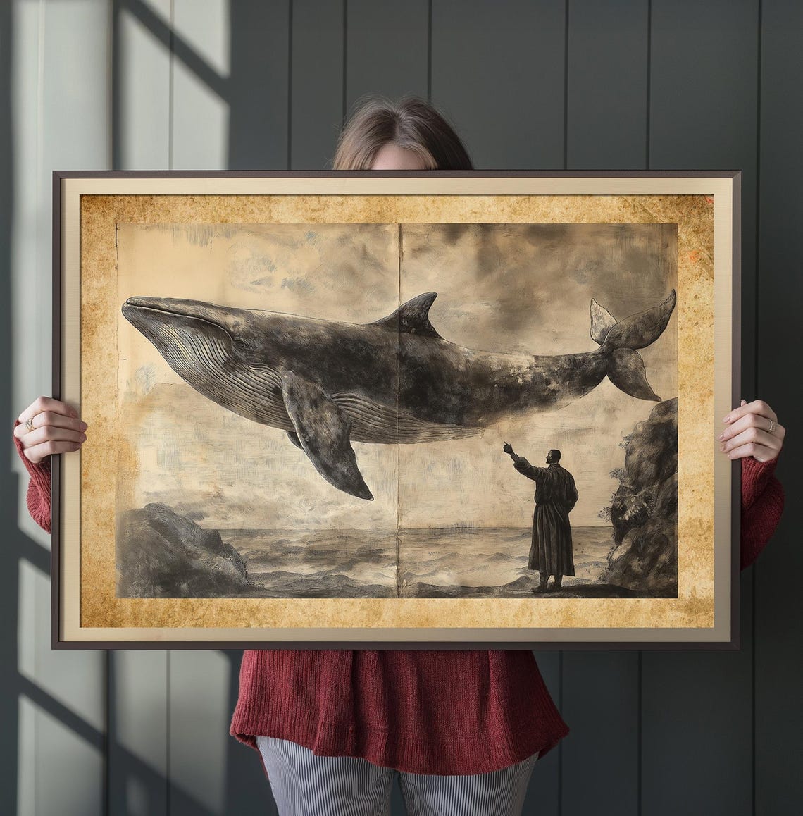 King of the Ocean Giant Whale Vintage Lithograph Nautical Art Poster