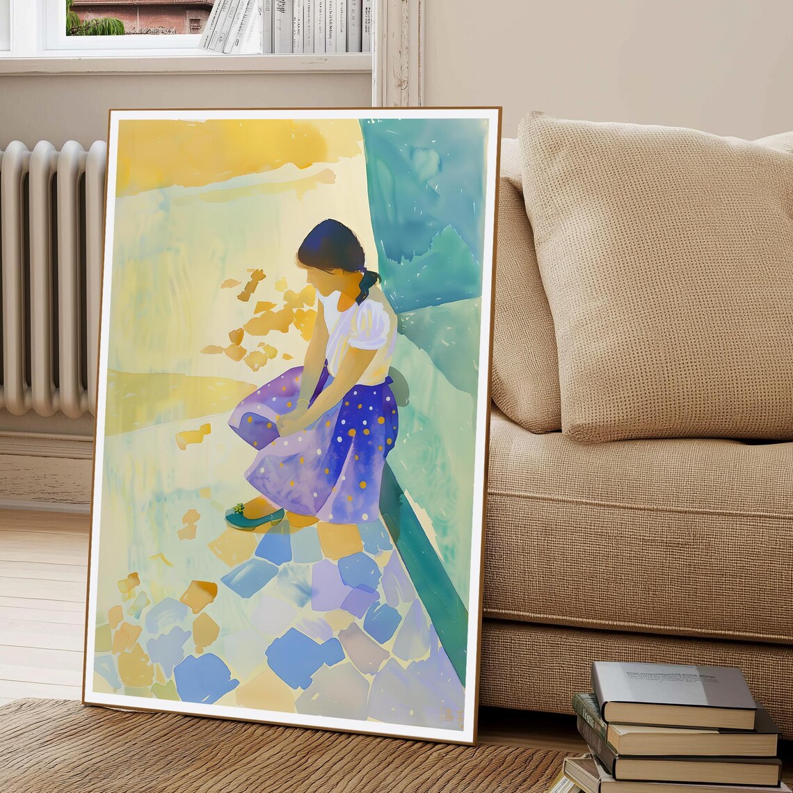 Watercolor Girl in Purple Polka Dot Skirt Sitting Waiting Print
