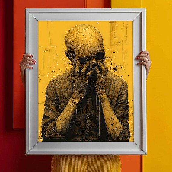 Melancholic Skull Figure Hands on Face Yellow Background Dark Art Poster