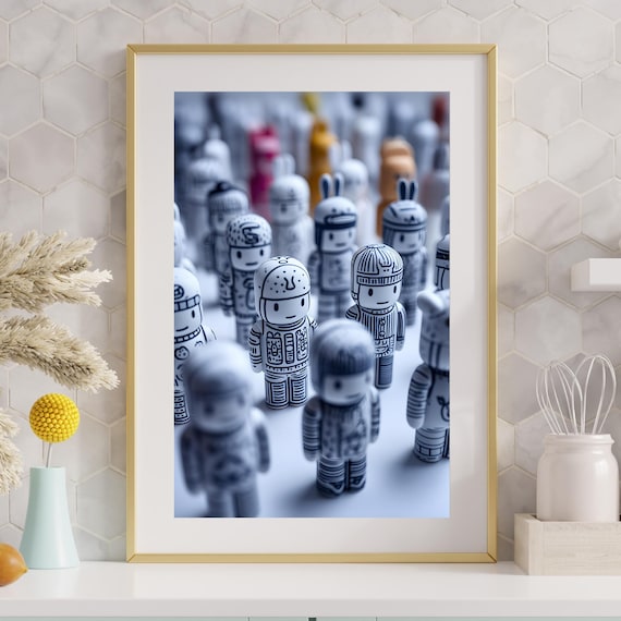 Playful Doodle Robot Figures Crowd Ink Line Sketch Art Poster