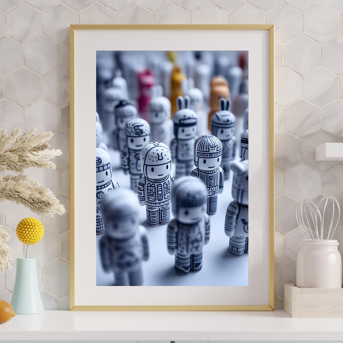 Playful Doodle Robot Figures Crowd Ink Line Sketch Art Poster