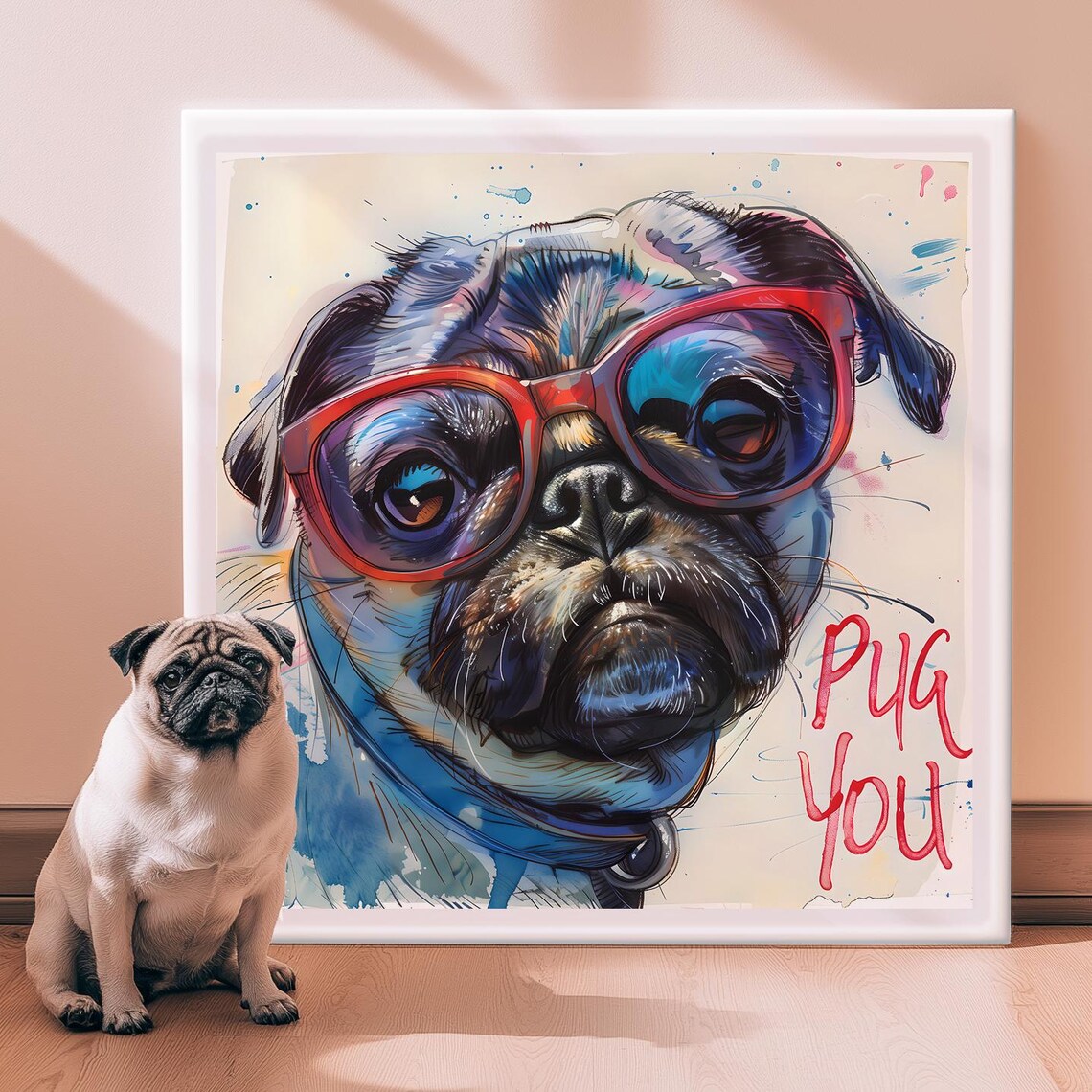 Pug You Cute Watercolor Print of a Pug Wearing Red Sunglasses