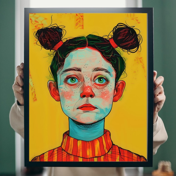 Colorful Pop Portrait Girl with Buns Green Eyes Bold Art Poster