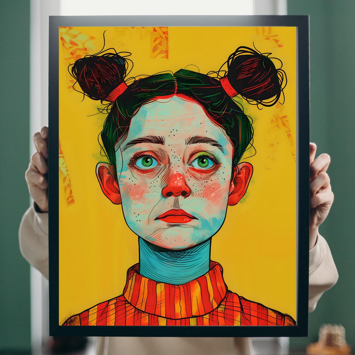 Colorful Pop Portrait Girl with Buns Green Eyes Bold Art Poster