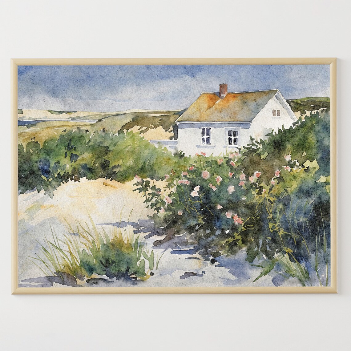 Cape Cod Watercolor Beach Scene with Wildflowers Art Print