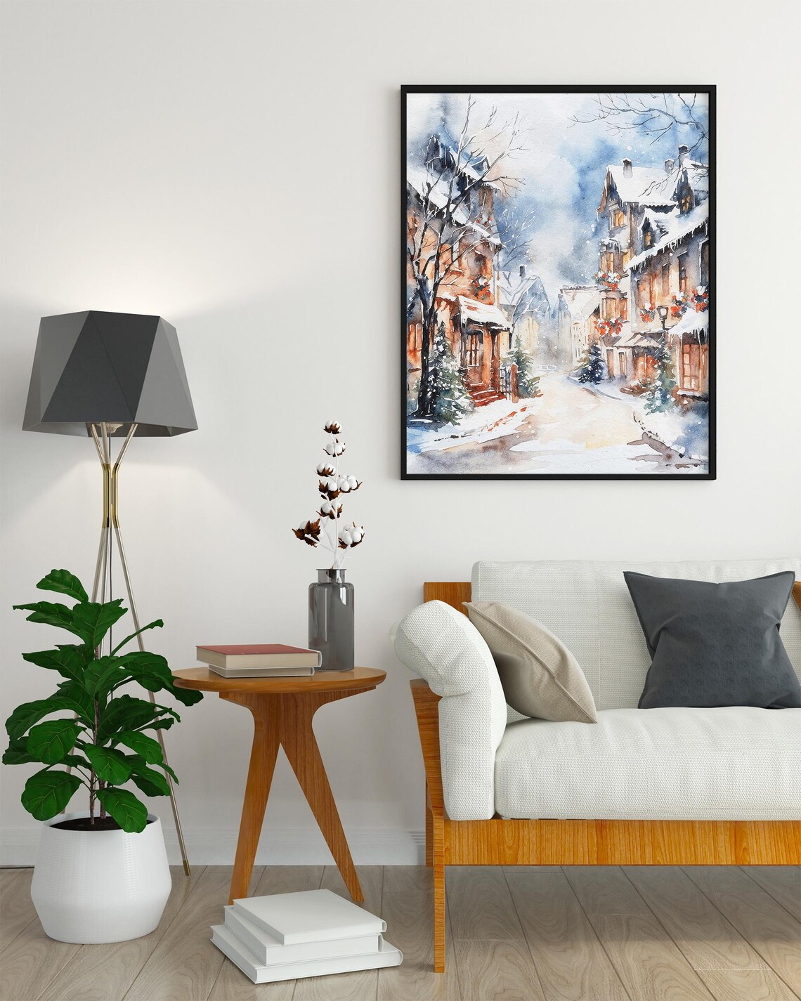 Snowy Christmas Village Street Old Town Winter Watercolor Art Poster - Image 3