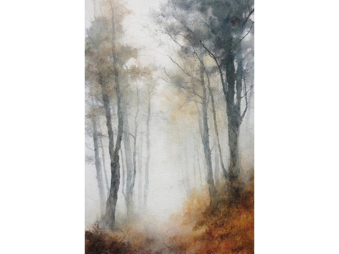 Foggy Autumn Forest Path Watercolor Golden Aspen Trees Poster