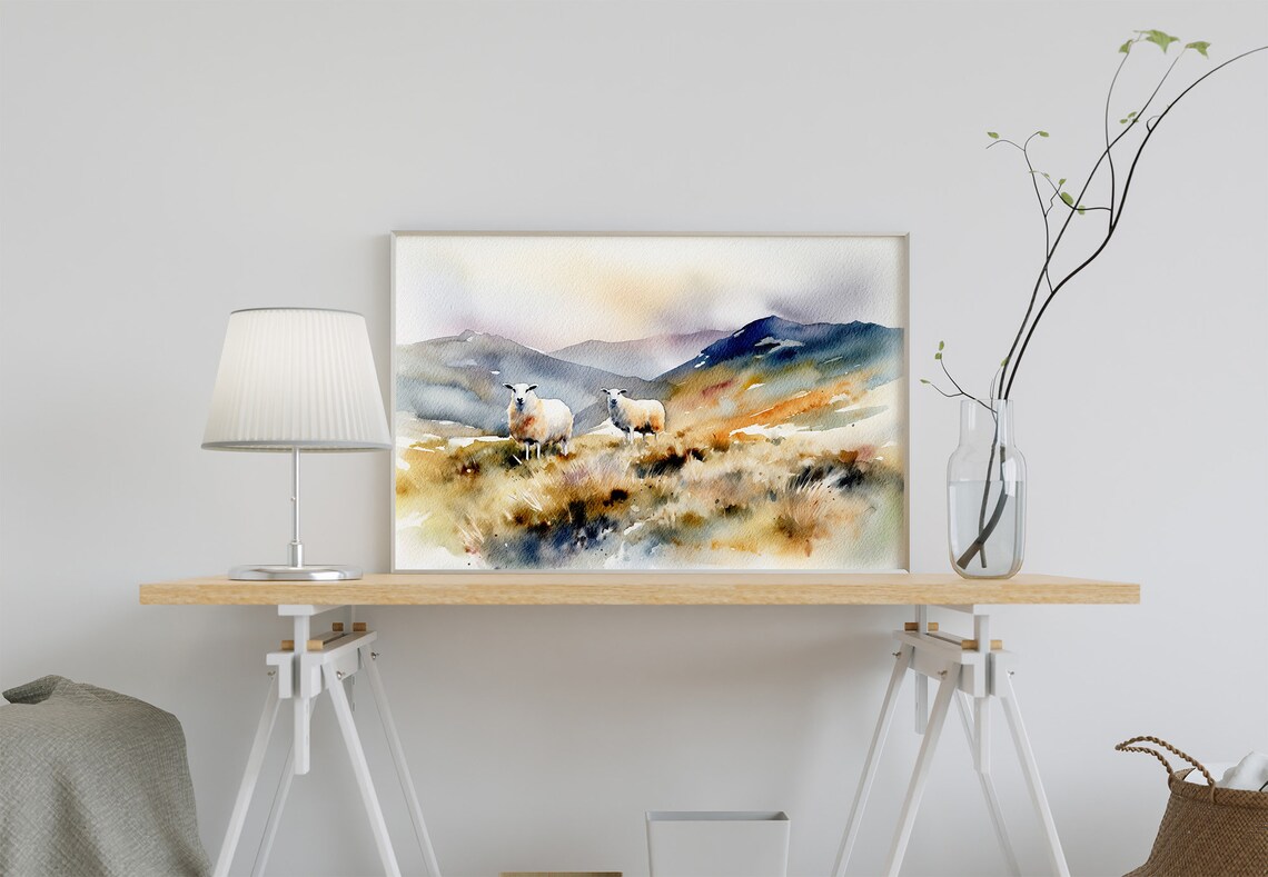 Scottish Hills Watercolor Landscape Sheep Grazing Art Print - Image 3