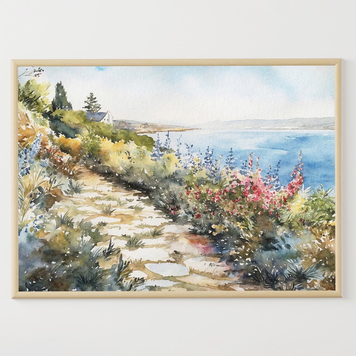 Coastal Garden Path Wildflowers Leading to Blue Sea Watercolor Poster