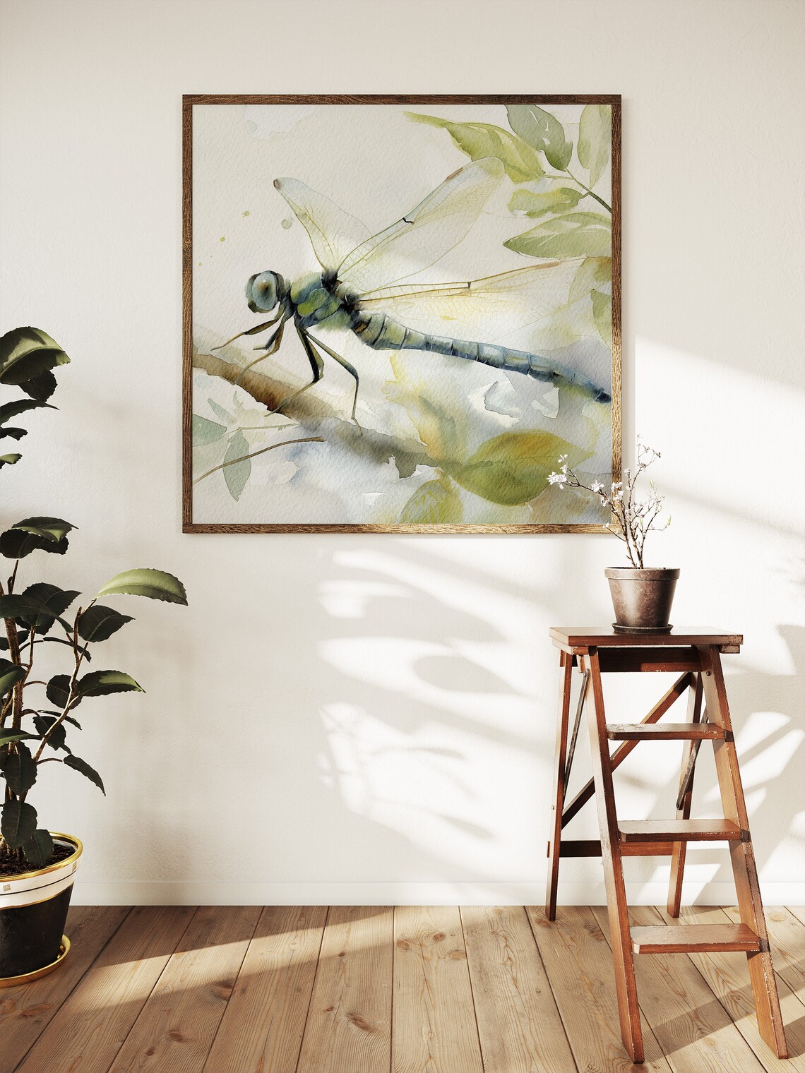 Dragonfly Watercolor Painting on Green Leaves Delicate Insect Nature Art Poster - Image 5