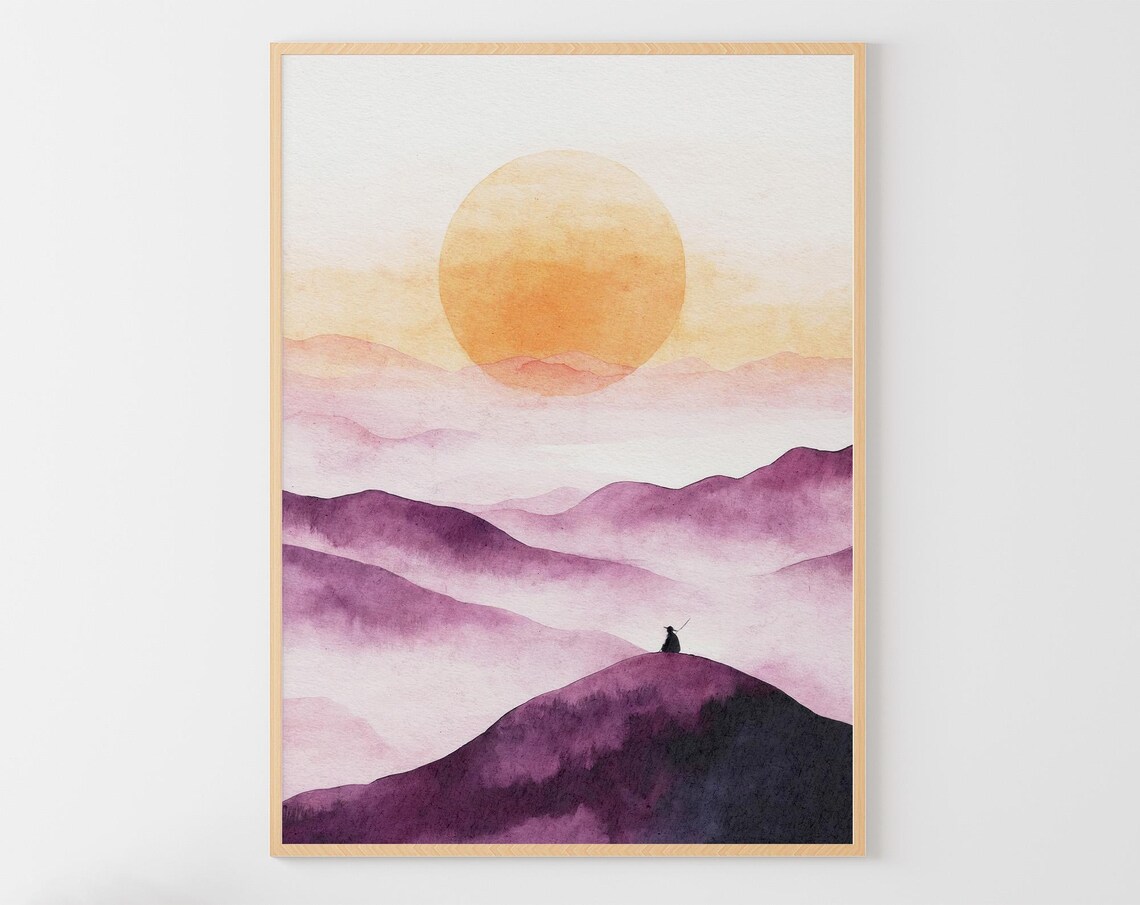 Minimalist Purple Mountains Orange Sun Zen Meditation Watercolor Poster