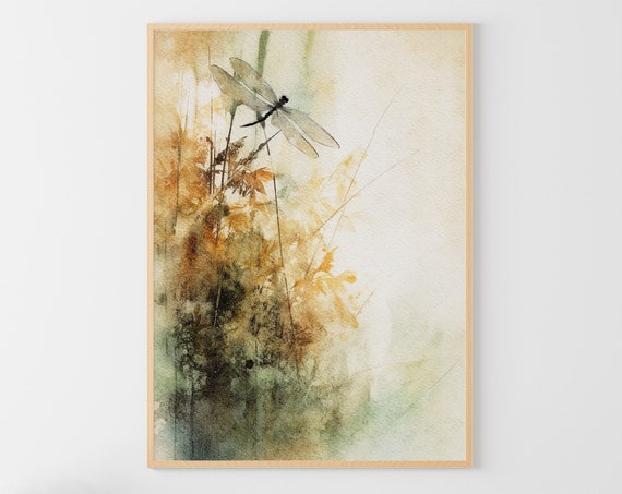 Dragonfly Watercolor Botanical Art Print, Minimalist