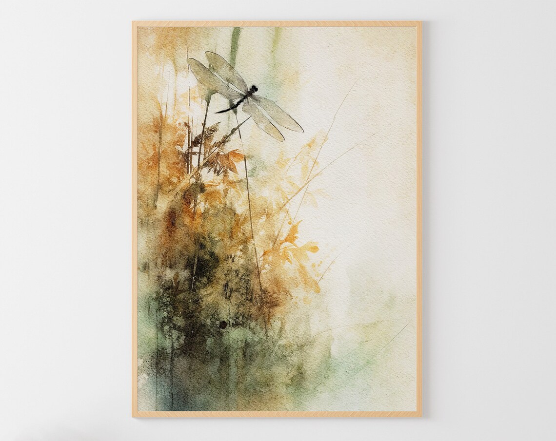Dragonfly Watercolor Botanical Art Print, Minimalist