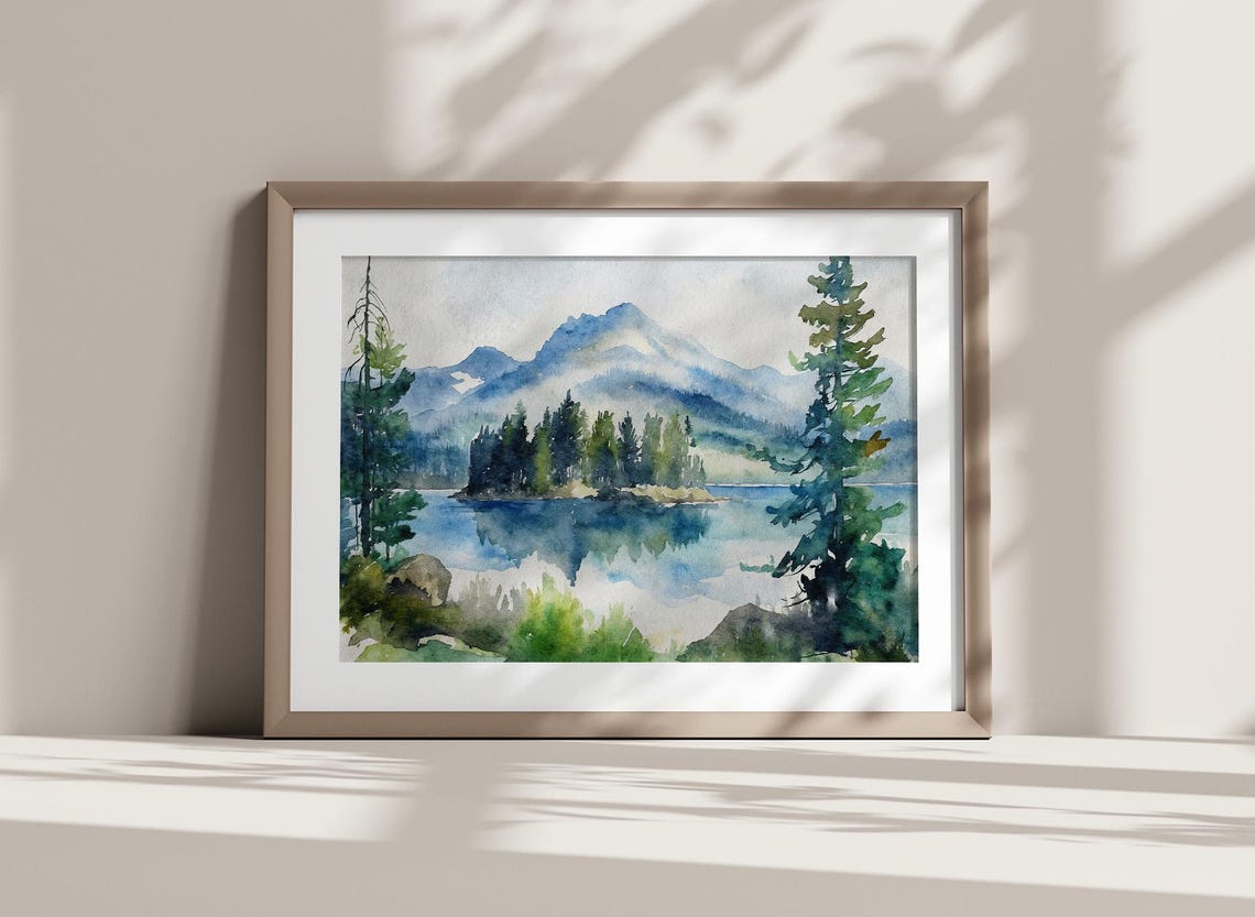 Alpine Mountain Lake Pine Island Reflection Watercolor Scenic Poster - Image 2