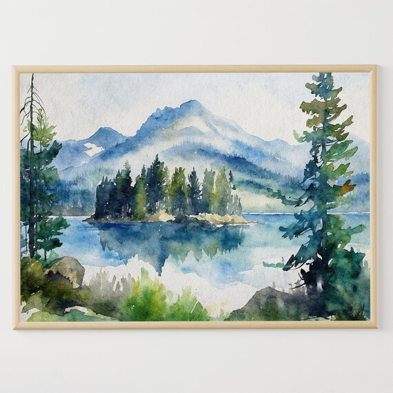 Banff National Park Watercolor Print Canada Painting Canadian Landscape Mountain Lake Wall Art Pine Trees Artwork